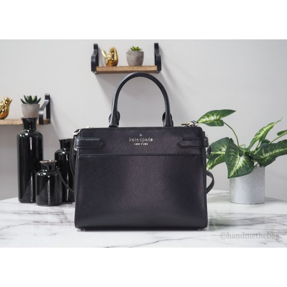 NWT Kate Spade Staci Medium Crossbody Black Saffiano Leather Satchel Bag Handbag